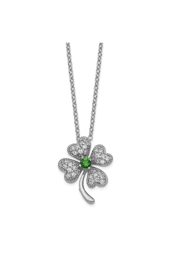 Sterling Silver Glass Sim. Emerald & Cubic Zirconia 4-leaf Clover Necklace