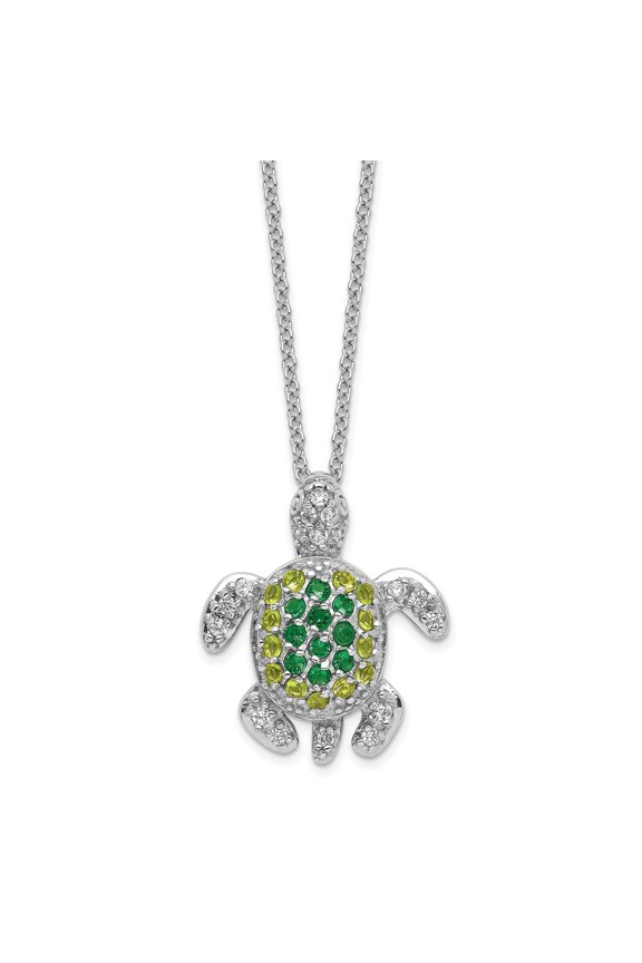 Sterling Silver GlassSim.Peridot, Sim.Emerald and Cubic Zirconia Turtle 18in. Necklace