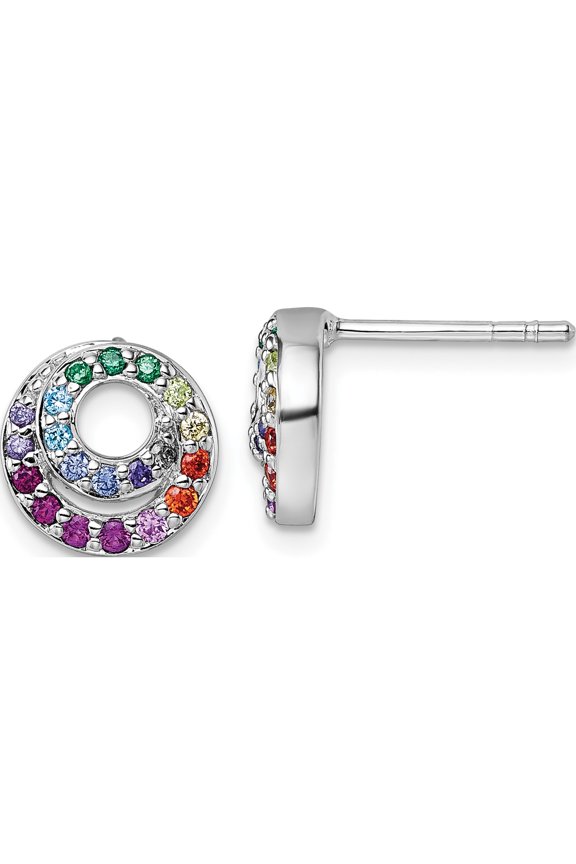 Sterling Silver Glistening, Stunning, Artisan Cubic Zirconia (Cz) Multi-Color 9.6 Mm Rhodium-Plated Polished Rainbow Cz Double Circle Post Earrings