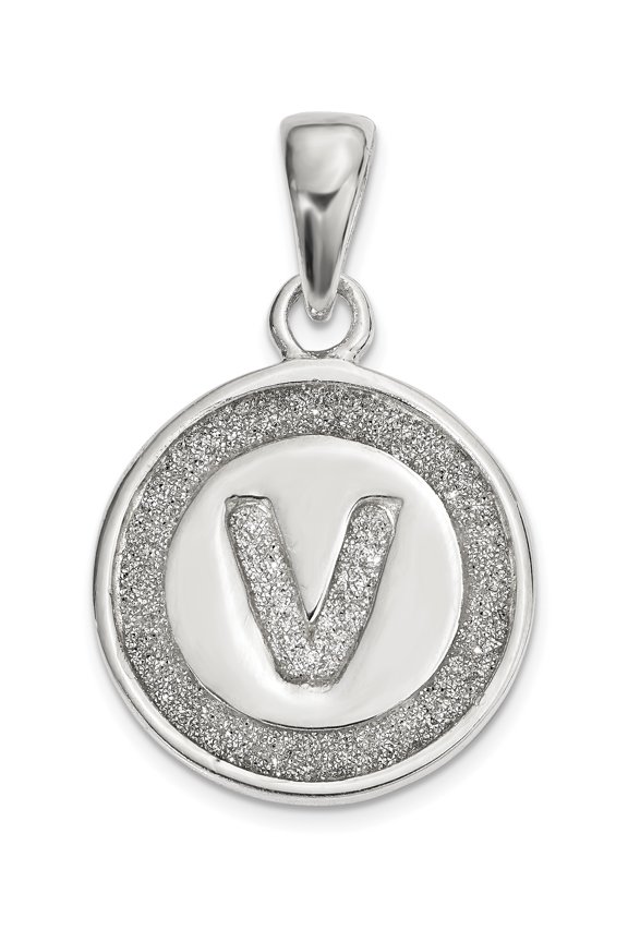 Sterling Silver Glitter Enamel Letter V Initial Circle Pendant