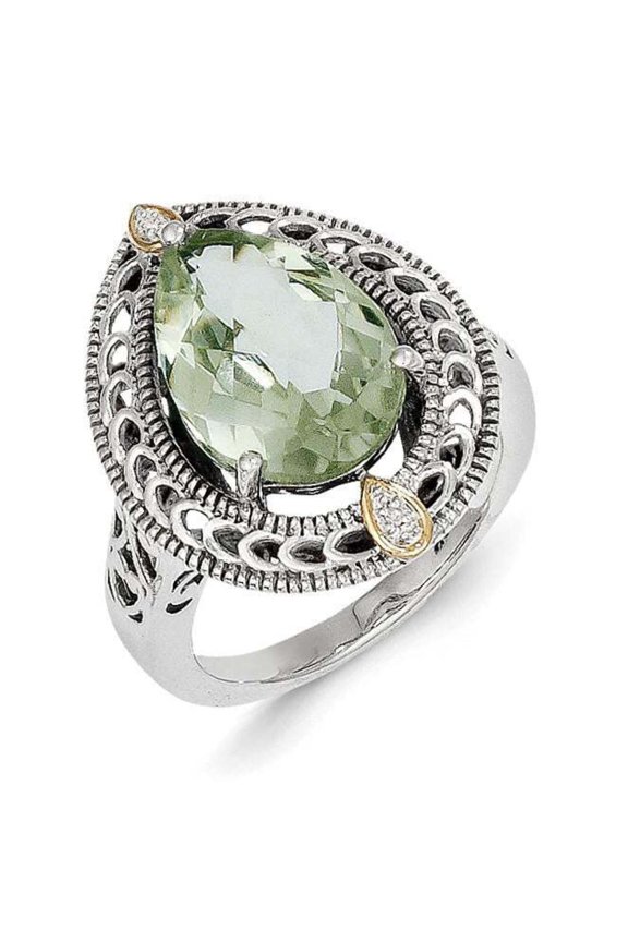 Sterling Silver with 14K Accent Antiqued Diamond and Pear Shaped Green Quartz Ring QTC884