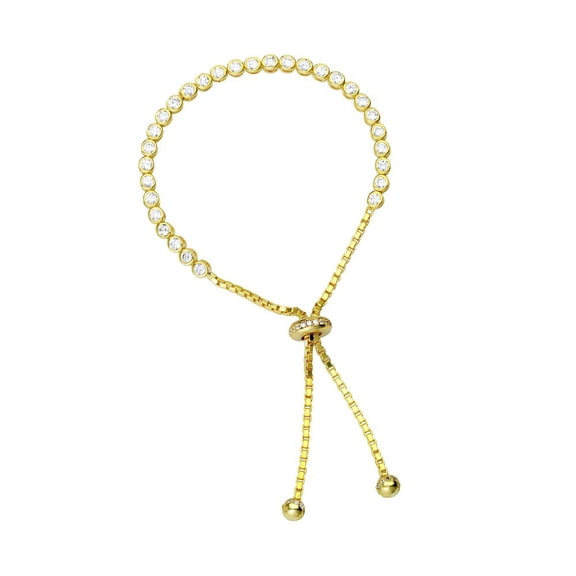 Sterling Silver Gold-Flashed Adjustable Cubic Zirconia Tennis Bracelet With Lariat Element