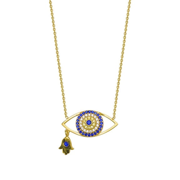 Sterling Silver Gold-Flashed Cubic Zirconia Evil Eye + Dangle Hand Of God Necklace - 18 Inch