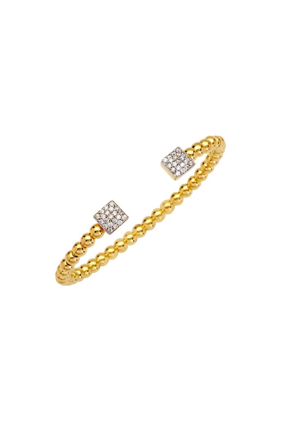 Sterling Silver Gold-Flashed Fancy Bead Cuff Bracelet 2 Square Cubic Zirconia End Stations