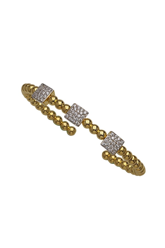 Sterling Silver Gold-Flashed Fancy Bead Cuff Bracelet With 3 Square Cubic Zirconia Stations