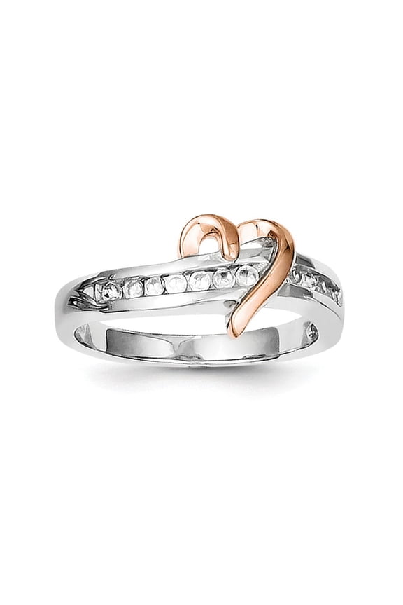 Sterling Silver Gold-Flashed Polished Heart Cubic Zirconia Ring - Size 8 - Measures 2mm Wide