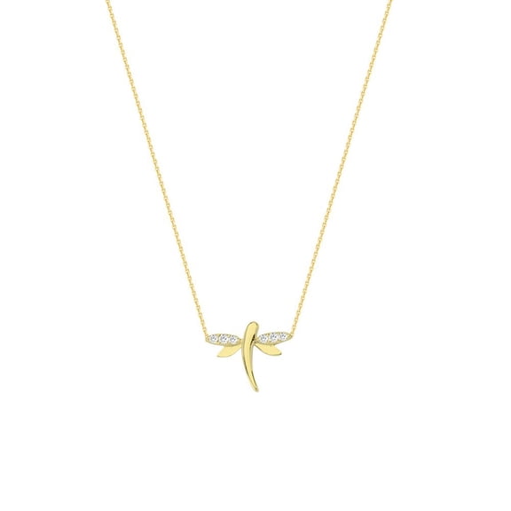 Sterling Silver Gold-Flashed Side-ways Adjustable Mini Cubic Zirconia Dragonfly Necklace- 18 Inch
