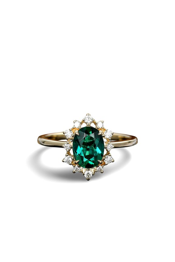 Sterling Silver Gold Oval Emerald & Diamond Halo Ring for Women