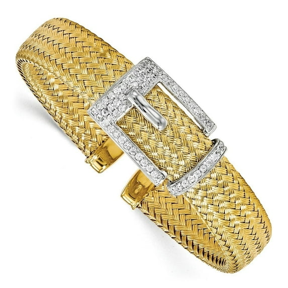 Sterling Silver Gold-Plated CZ Polished Woven Cuff Bangle