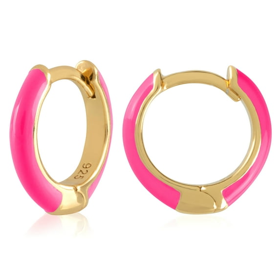 Gold Plated Neon Pink Enamel Huggie Hoop Earrings for Women