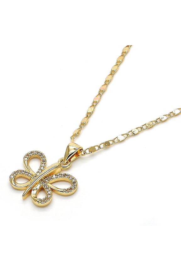 Sterling Silver Gold Plated Fancy Necklace, Butterfly Design, with White Micro Pave, Polished Finish, Golden Tone