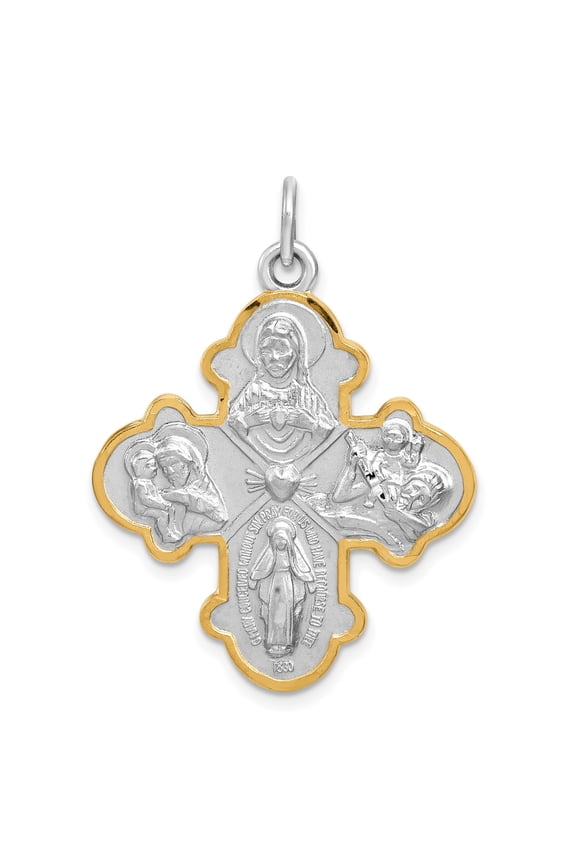 Sterling Silver Four-Way Cross Pendant with Sacred Heart, St. Joseph, St. Christopher and Miraculous Medal, Unisex, Jewelry Stores Network