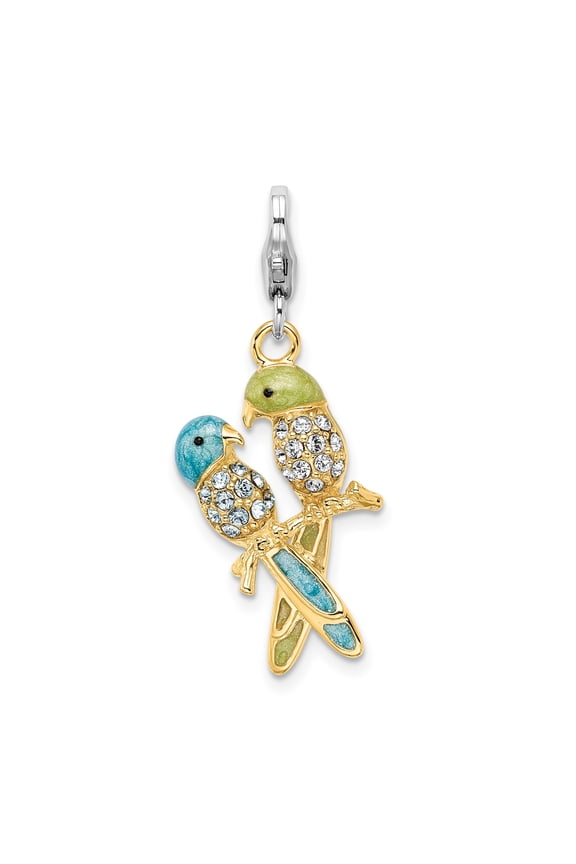 925 Sterling Silver Gold-Plated Parrot Lovebird Pendant Charm with Crystal and Enamel