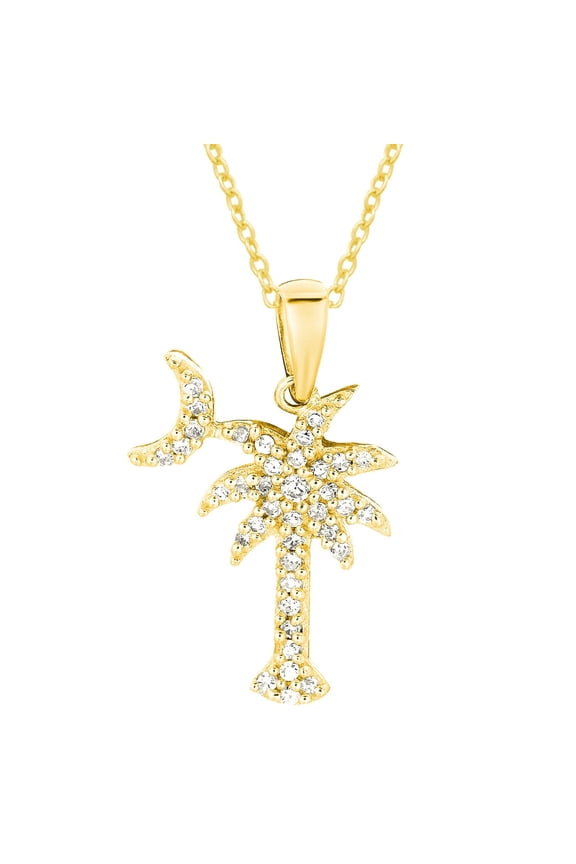 Sterling Silver Gold-Plated Palmetto Moon Tree Pendant Necklace with Cubic Zirconia, 22-Inch Chain