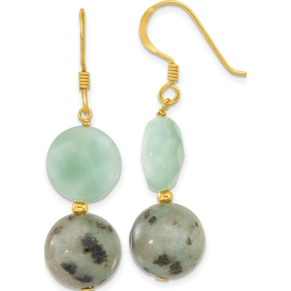 Sterling Silver Gold-Plated Polished Amazonite/Kiwi Jasper Dangle Earrings (Width 12.4) (Length 45.5) - Jbsp