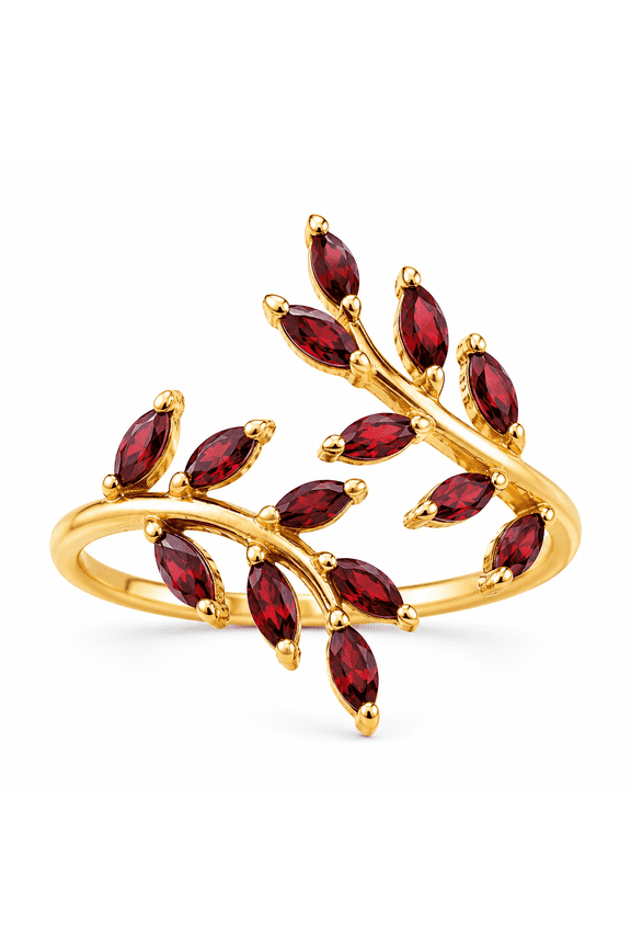 Sterling Silver Gold Plated Ruby Leaf Adjustable Open Ring for Women, Marquise Cut Ruby Vine Ring, Nature Inspired Botanical Statement Jewelry Gift