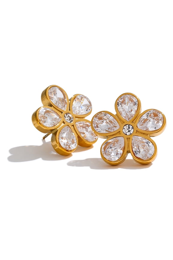 Sterling Silver Gold-Plated Statement Flower Stud Earrings for Women,Diamond