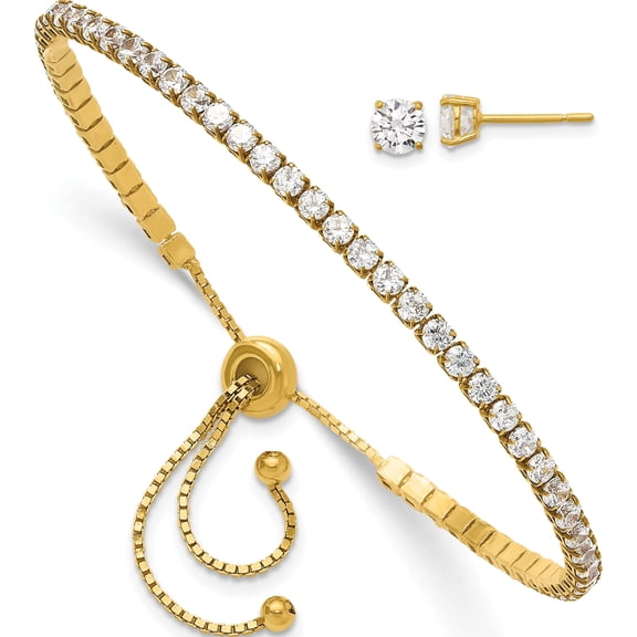 Jewelry by Sweet Pea Sterling Silver Gold-tone CZ Adjustable Bracelet and Post Earring Set