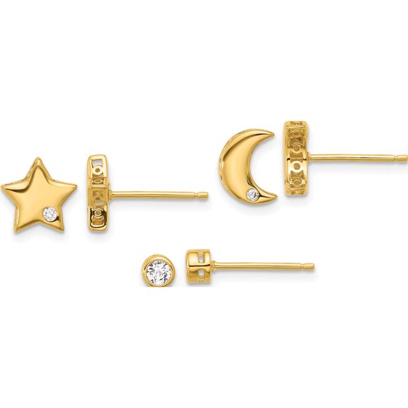 Sterling Silver Gold-Tone Cz Moon/Star And Round Set Of 3 Post Earring - Jbsp