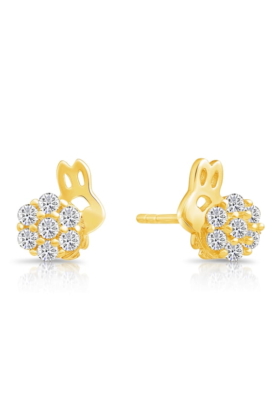 Sterling Silver Gold-Tone Plated Cz Bunny Stud Post Earrings with Pushback, Available in Yellow, White, or Rose (Yellow Gold-tone)