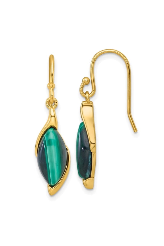 Sterling Silver Gold-Tone Polished Fancy Marquise Malachite Cabochon Dangle Shepherd Hook Earrings