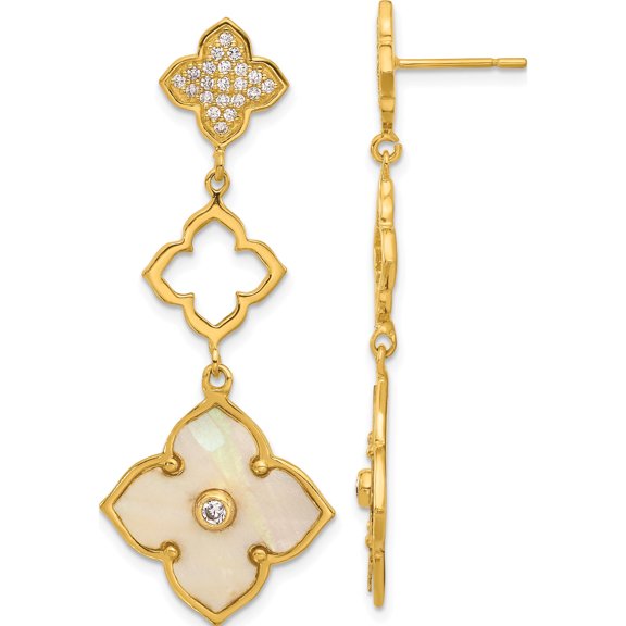Jewelry by Sweet Pea Sterling Silver Gold-tone Polished MOP & CZ Floral Post Dangle Earrings