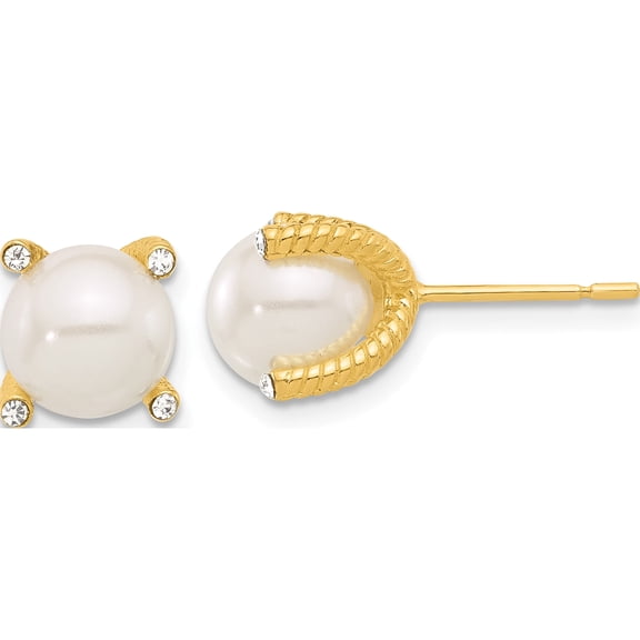 Sterling Silver Gold-Tone Polished/Twisted Cz And Syn. Pearl Post Earrings (Width 8.85) (Length 8.4) - Jbsp