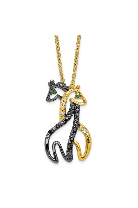 Finest Gold Sterling Silver Gold-plate Black, White, Green CZ Twin Giraffe Necklace
