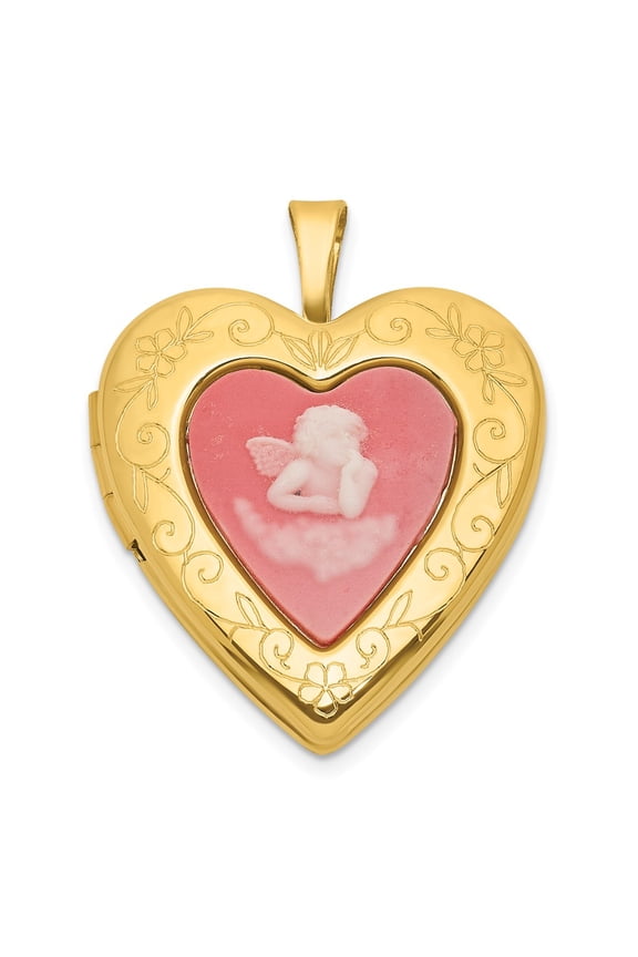 Sterling Silver Gold-plated Polished Front/Brushed Back Pink Angel Resin Cameo 20mm Heart Locket