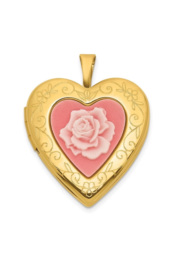 Sterling Silver Gold-plated Polished Front/Brushed Back Pink Rose Resin Cameo 20mm Heart Locket
