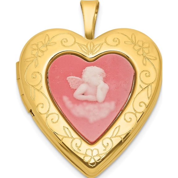 Jewelry by Sweet Pea Sterling Silver Gold-plated Polished Front/Brushed Back Pink Angel Resin Cameo 20mm Heart Locket