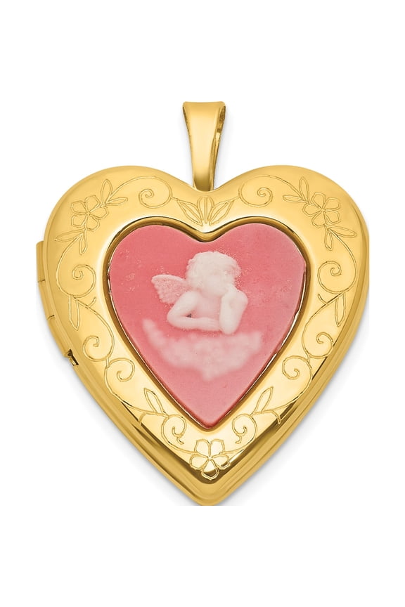Sterling Silver Gold-plated Polished FrontBrushed Back Pink Angel Resin Cameo 20mm Heart Locket SSGold Material Primary Gorgeous Charming Stylish A classic choice for celebrating love and achievement