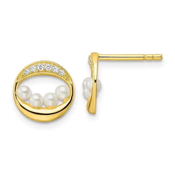 Finest Gold Sterling Silver Gold-Tone CZ & Shell Pearl Post Earrings