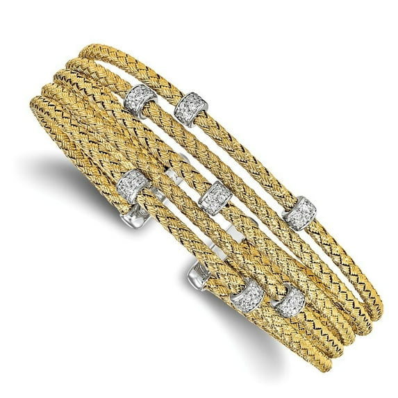 Sterling Silver Gold-tone Cubic Zirconia Woven Flexible Cuff Bangle