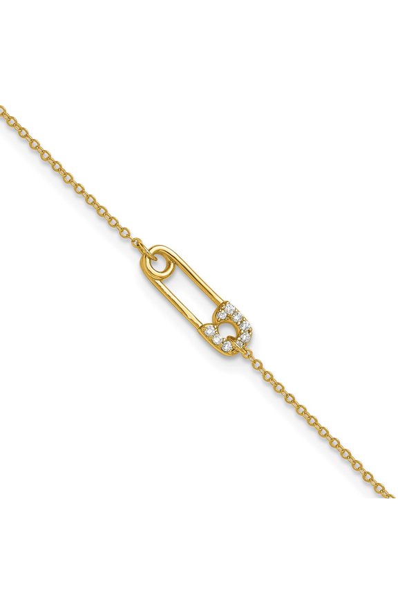 Sterling Silver Gold-tone Polished CZ Safety Pin 9 Inch Plus 1 Inch Extension Anklet
