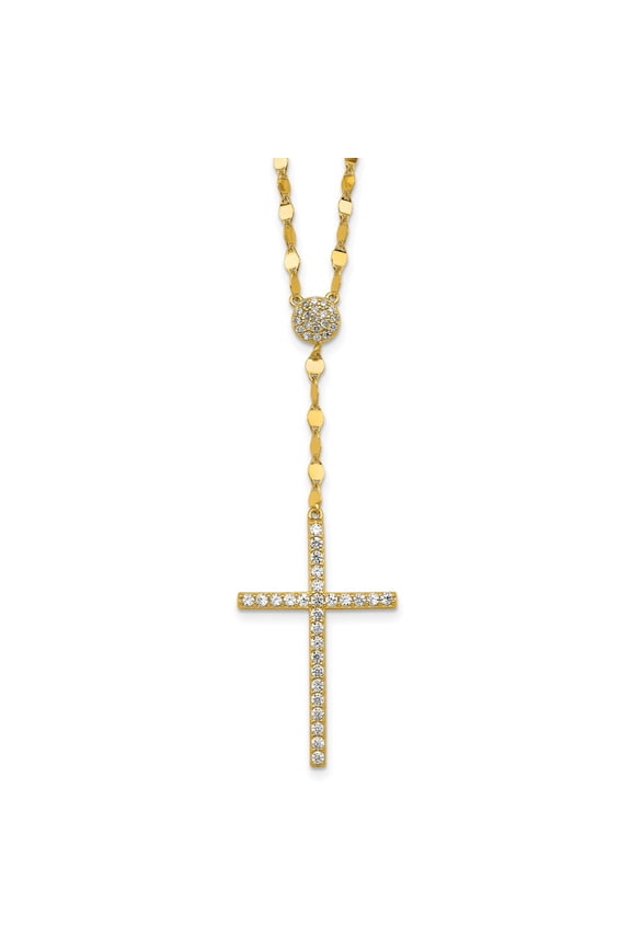 Sterling Silver Gold-tone Polished Fancy CZ Latin Cross 16 Inch with 2 Inch Extension Necklace