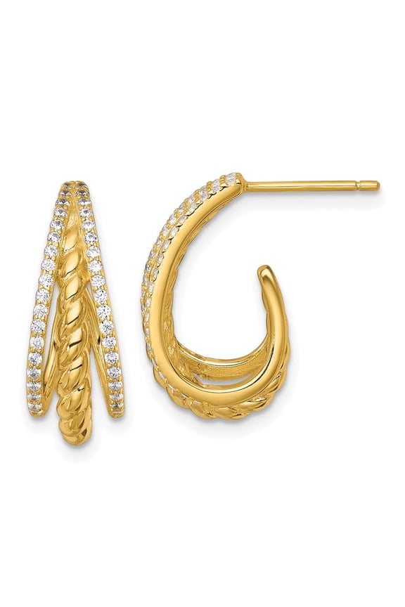 Sterling Silver Gold-tone Polished and Twisted CZ Triple J-Hoop Post Earrings