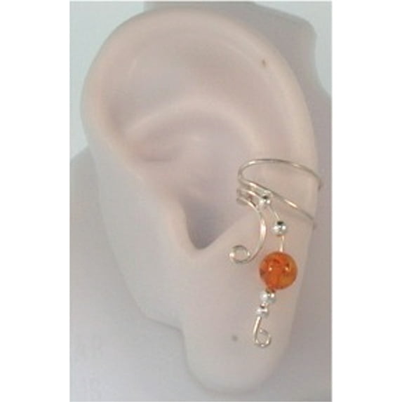 Sterling Silver Golden Amber Bead Wave Ear Cuff Wrap Set