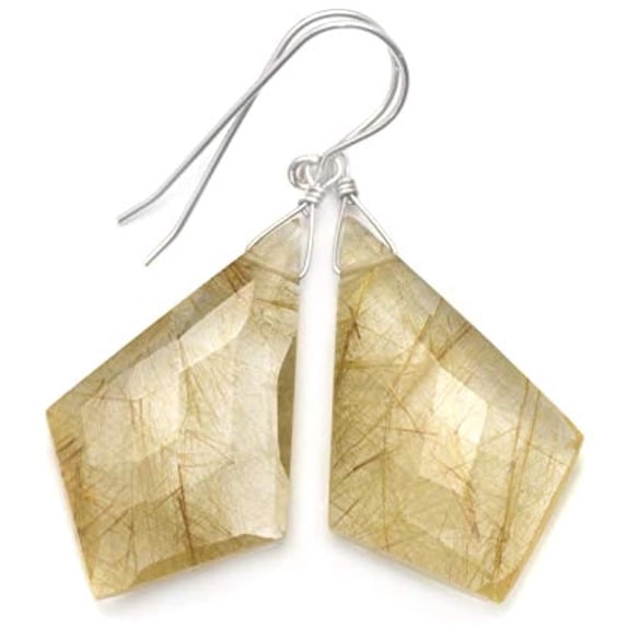 Sterling Silver Golden Rutile Quartz Earrings Large Faceted Pointed Triangle Teardrops Tourmalated Dangles Designed for Adult Women