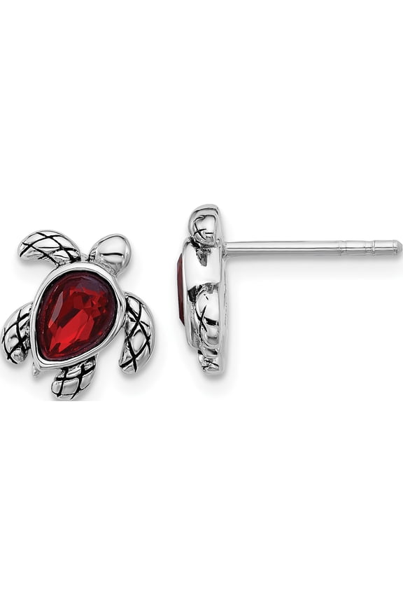 Sterling Silver Rhodium-plated Polished and Antiqued Red Crystal January Birthstone Turtle Earrings