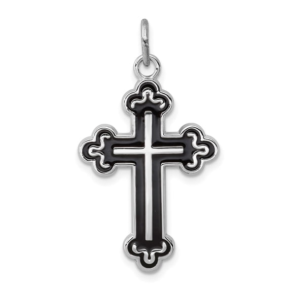 925 Sterling Silver Budded Cross Pendant Charm with Black Enamel, Religious Gothic Design