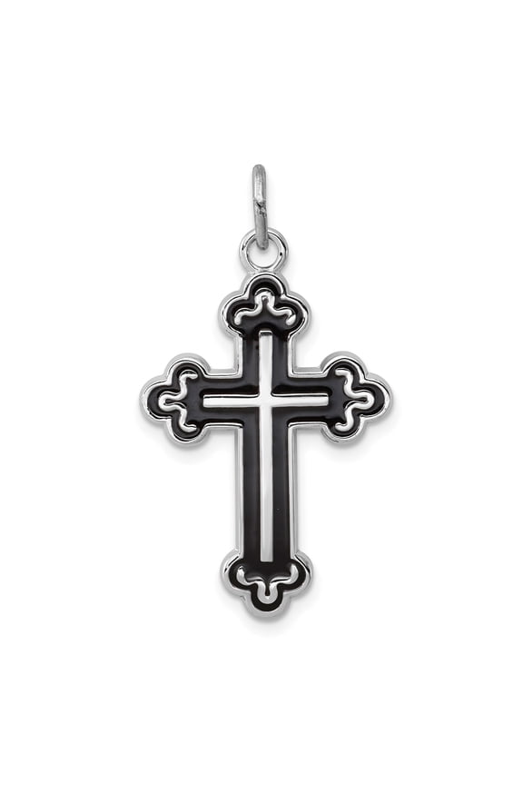 925 Sterling Silver Budded Cross Pendant Charm with Black Enamel, Religious Gothic Design