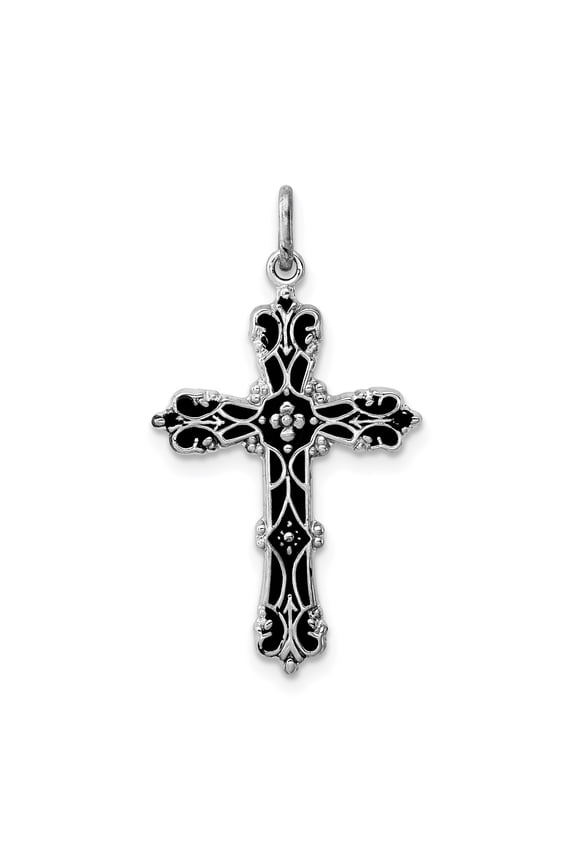 Sterling Silver Gothic Cross Pendant Necklace for Men and Women with Black Enamel Baroque Design Religious Symbol Spiritual Jewelry Accessory for Everyday or Special Occasions