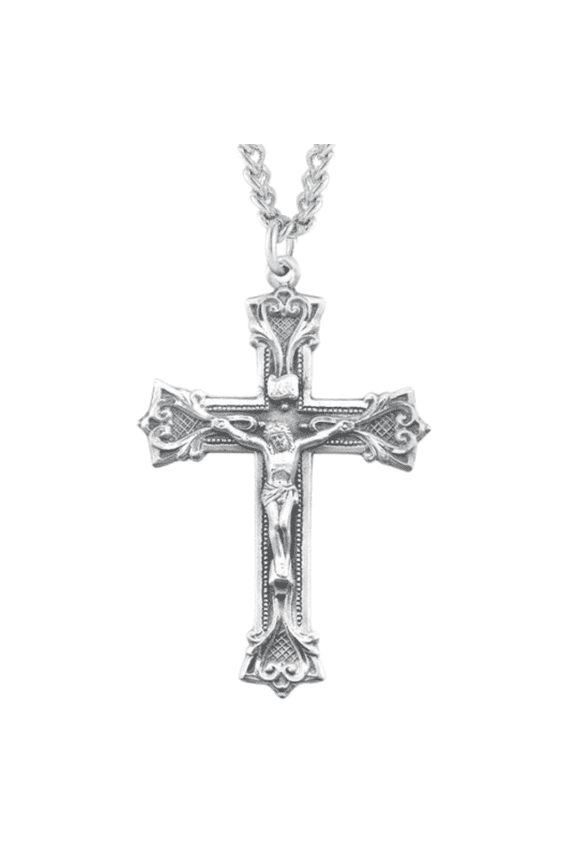 Sterling Silver Gothic Scroll Style Crucifix Pendant Necklace – 2.3" x 1.5" Die-Struck Medal – 24" Endless Rhodium Plated Stainless Steel Chain – Made in USA – Deluxe Velvet Gift Box