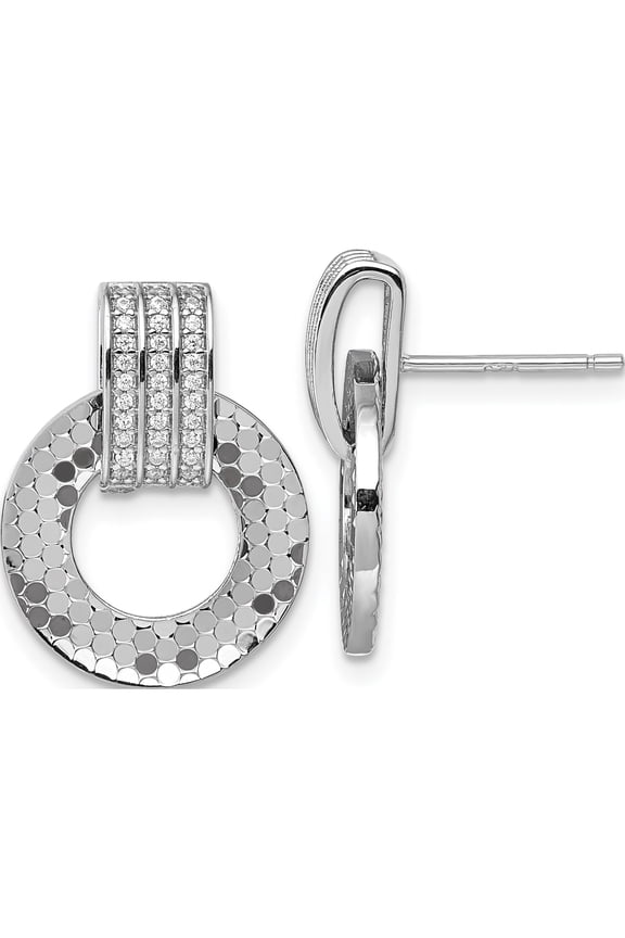 Sterling Silver Rhodium-plated CZ Polished Textured Moveable Circle Doorknocker Dangle Post Earrings