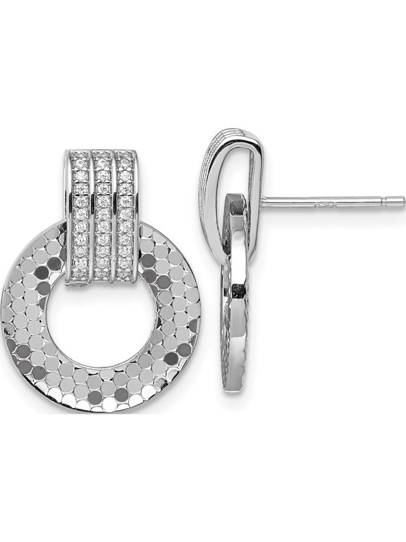 Sterling Silver Rhodium-plated CZ Polished Textured Moveable Circle Doorknocker Dangle Post Earrings