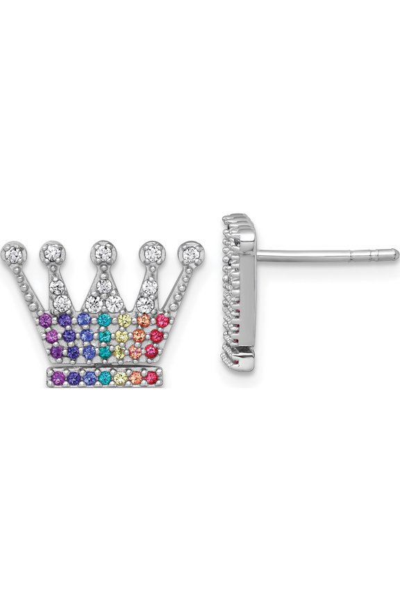 Sterling Silver Graceful, Timeless Multi-Color 11.1 Mm 15.5 Rhodium-Plated Polished Rainbow Nano Crystals Crown Post Earrings