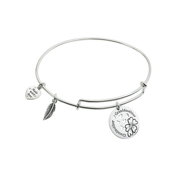 Sterling Silver Grandmother & Granddaughter Flower Heart Dangle Charm Expandable Bangle Bracelet