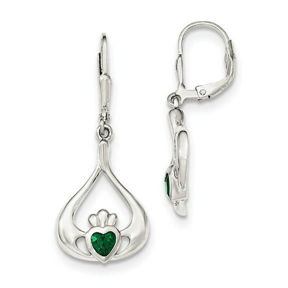 Sterling Silver Green Cubic Zirconia Heart Leverback Claddagh Dangle Earrings - Measures 38x16mm Wid