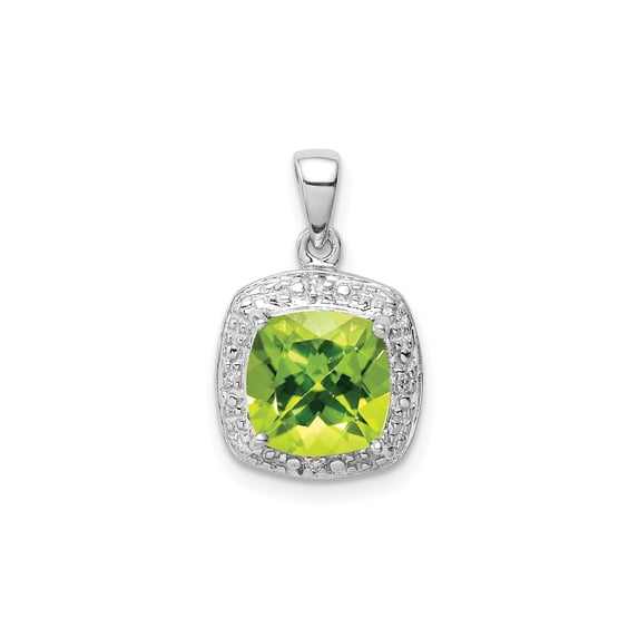 Sterling Silver Rhodium-Plated Cushion Peridot Pendant with Diamond Accent